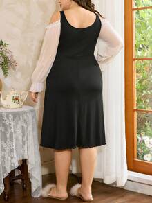 Côtesoire Plus Size Elegant Contrast Color Lace Off-Shoulder Nightgown Plus Size Nightgown Sexy Nightgown Plus Size Sleepwear Night Dress, For Fall & Winter