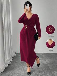 Modelyn Plus Size Women Metal Buckle Ruched Waist Crossover Neck Long Sleeve Elegant Bodycon Dress, Suitable For Commute And Party - Rose Red - View 1