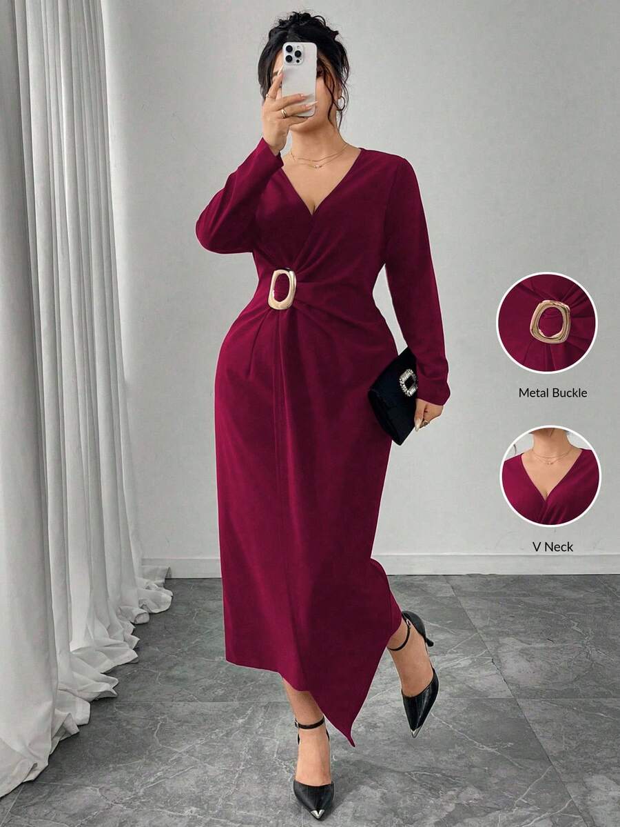 Modelyn Plus Size Women Metal Buckle Ruched Waist Crossover Neck Long Sleeve Elegant Bodycon Dress, Suitable For Commute And Party - Rose Red - View 1