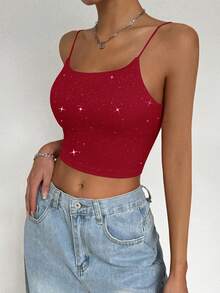 Chiquease Sparkly Glitter Tank Top, Casual And Party Wear, Wire-Free, Halloween,Adjustable Strap, For Women Red Crop Tops Women Tops Crop Glitter Top Women, Christmas - Red - View 5