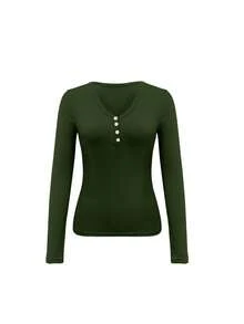 INAWLY 3pcs Women Solid Color Button Half Placket Long Sleeve V-Neck Ribbed T-Shirt Set - Multicolor - View 3