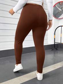 SHEIN Essnce Plus Size Women's Spring And Summer Fashion Casual Comfortable Daily High Elastic Black Slim Fit With Pocket Leggings,Spring,Women Bottom,Airport For Women,Curve Pants,Streetwear For Women,Going Out - Coffee Brown - View 2