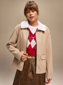 Hanevo 女士休闲拉链外套，带毛领，长袖，秋冬款 - 杏色 - 查看 5