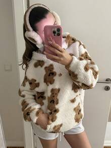 CovetEZ 秋冬款熊纹袋鼠口袋落肩连帽泰迪双面绒卫衣