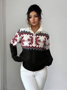 SHEIN Elenzya 优雅女士费尔岛图案拼色拉链毛衣，圣诞节设计，秋冬 - 黑色 - 查看 5
