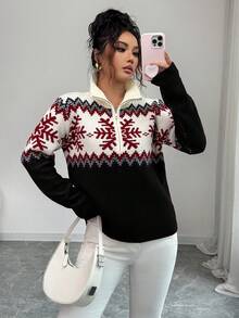 SHEIN Elenzya 优雅女士费尔岛图案拼色拉链毛衣，圣诞节设计，秋冬 - 黑色 - 查看 6