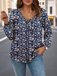 EMERY ROSE 大码女式系带V领印花衬衫 - 彩色 - 查看 3