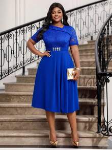 Fleurora Plus Size Women's Elegant Party Solid Color Lace Patchwork Midi Dress - Navy Blue - View 4