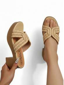 Sandalia de mujer con diseño trenzado, punta cuadrada, tira ancha, plataforma gruesa, estilo de vacaciones para playa y paseo - Beis - Ver 1