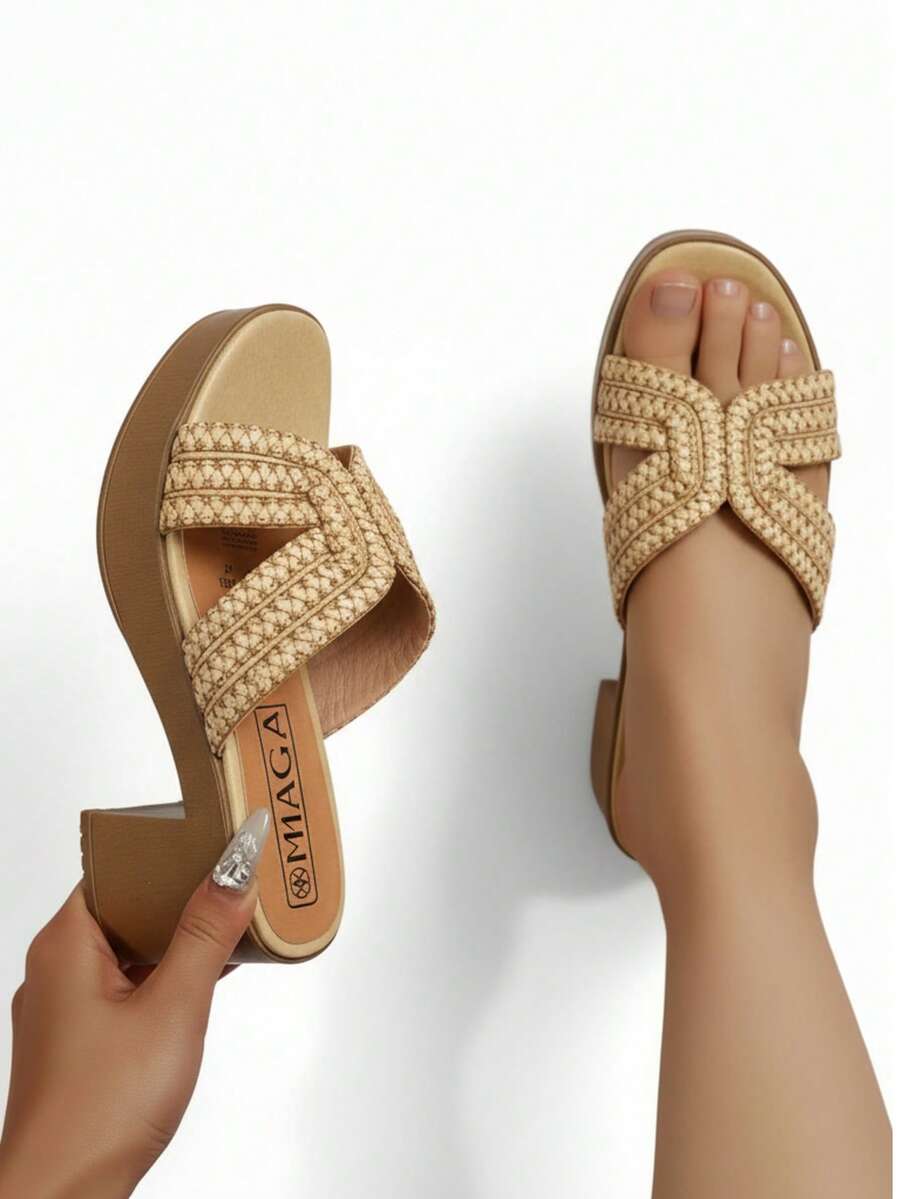 Sandalia de mujer con diseño trenzado, punta cuadrada, tira ancha, plataforma gruesa, estilo de vacaciones para playa y paseo - Beis - Ver 1