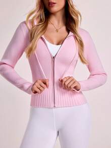 SHEIN Sovereign Charm Solid Color Casual Slim-Fit Versatile Regular Fit Long Sleeve Hooded Sweater For Women Cardigan For Women Gym Pink Women - Pink - View 1
