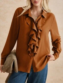 Écloséra Women's Solid Color Minimalist Ruffle Hem Long Sleeve Blouse, Everyday Wear - Brown - View 6