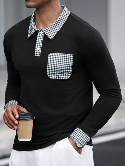 Manfinity CasualCool Men's Plaid Contrast Color Long Sleeve Casual Polo Shirt Men Knit Shirt Men Fashion Tops Men Black And White Shirt Long Sleeves Black Collar Shirt Men Business Casual Tops Men