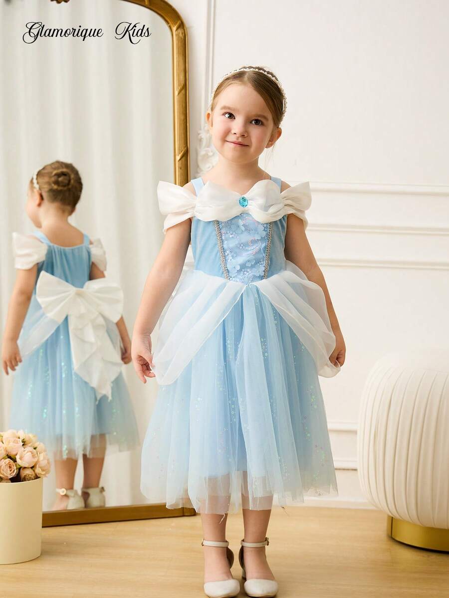 SHEIN Glamorique Kids Girl's Princess Dress, Christmas Kids Dress, Partywear ,Santa Dress , New Years Dress Vestidos Elegantes Para Fiesta , Birthday Party, Ball Dress, Christmas Children's Dress, Birthday Party, Wedding Holiday Dress, Gemstone, Blue Dress - Blue - View 1
