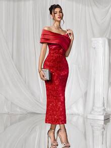 Coutiva 优雅的露肩露背果绿色缎面拼接提花亮片下摆直筒裙后开衩派对连衣裙，适合生日派对、日常聚会、舞会礼服、鸡尾酒会、毕业典礼、学校开幕派对等场合。 - 紅色 - 查看 5