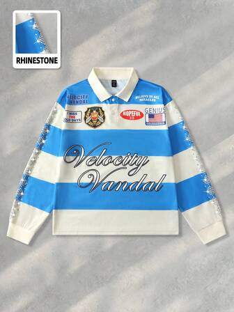 Street Life Men's Colorblock Striped Letter Print Polo Shirt Jersey, Autumn