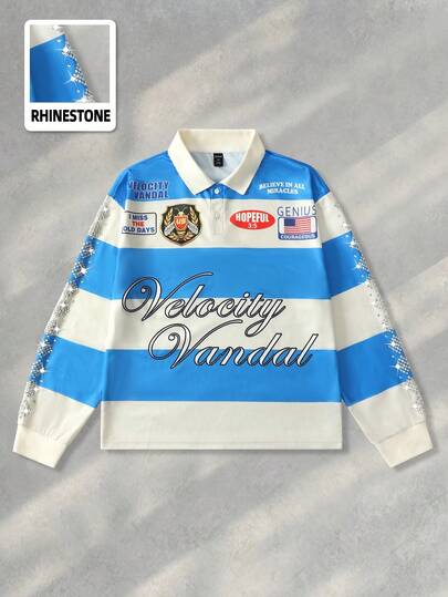 Street Life Men's Casual Colorblock Striped Letter Print Polo Shirt, Autumn