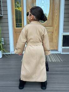 SHEIN Young Girl Khaki Thermal Lined Long Sleeve Trench Coat, Versatile For Autumn/Winter Fall