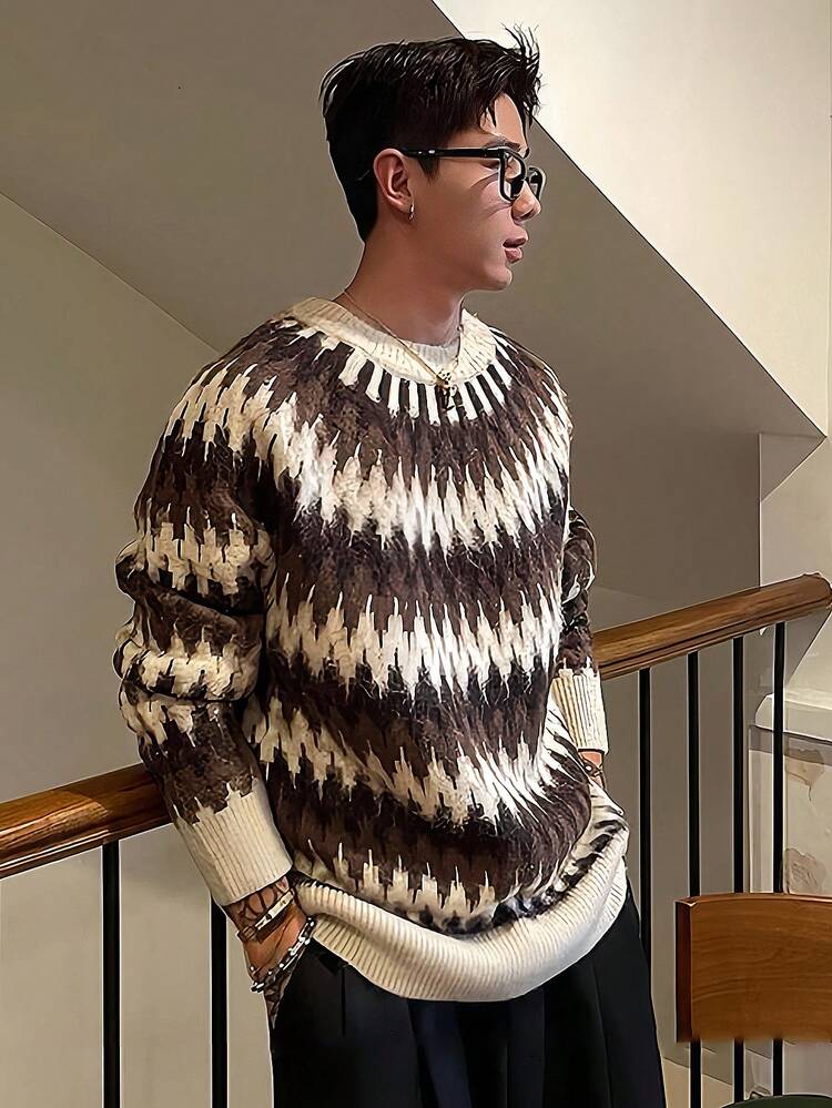 Men's Textured Crew Neck Sweater, Multi-Color, Autumn/Winter