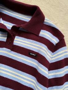 Muvela 女士复古休闲条纹 Polo 领长袖毛衣，复古学院风，适合日常休闲穿着，下午茶，旅行，返校季，运动休闲，秋季，日常外出，女士秋季服装，温暖舒适，办公室，教师节，复古街头风格，旅行 - 彩色 - 查看 7