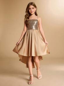 Váy satin chắp vá sequin cao cấp cho bé gái và bé gái tuổi mới lớn, viền bất đối xứng, trước ngắn, dài sau, váy trang trọng cho đám cưới, tiệc tùng, sinh nhật, giáng sinh - Rượu sâm banh - Xem 3