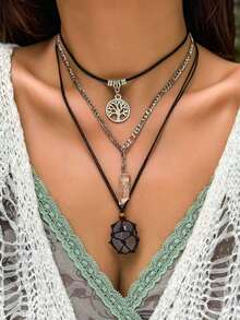 ROMWE Goth Set de 3 collares con cuentas negras de estilo gótico, corazón rojo y cruz roja, regalo de Halloween - Plata-Y - Ver 4