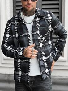 Manfinity Homme Men's Casual Plaid Print Button Woolen Streetwear Black And White Long Sleeve Overcoat Old Money, Fall/Winter