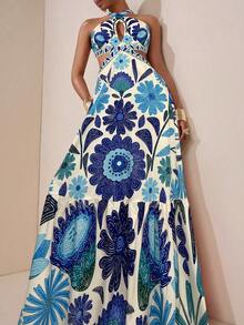 Zivah Mùa cưới New Wave 2025 Phong cách Simian Kỳ nghỉ đầy màu sắc Hẹn hò hàng ngày Tiệc sinh nhật Cổ chữ thập Halter Khoét sâu Ngực trước Eo lộ Dây đeo sau Nơ Viền trang trí - Màu xanh lam - Xem 4