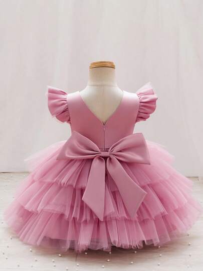 Glamorique Kids Baby GirlSleeveless Floral Christening Baptism 1st Birthday Party Dress, Dreamy Pink Tulle Princess Gown With Waist Bow, Sleeveless Sweet Focus Dress For Flower Girl Ceremony