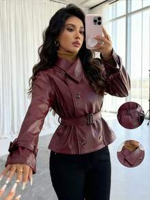 Islaluna معطف قصير مزدوج الصدر من قماش البولي يوريثان ذو لون أحادي، خريفي