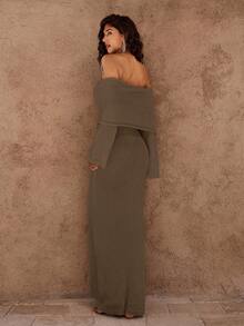 Opulessa Fall And Winter Christmas Wedding Cocktail Party Formal Gown Women's Solid Knit Off-Shoulder Long Sleeve Dress, Suitable For Vacation, Bodycon Maxi Dress, Off Shoulder Maxi Dress Christmas Outfit, New Year Clothes, Thanksgiving, Chic Elegant Dress For Party, Luxury Wedding Guest Party Dress - Brown - View 2