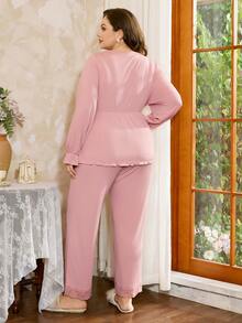 Côtesoire Plus Size Romantic Lace Bow Decor Pajama Set, Suitable For Valentine's Day, Winter Clothes