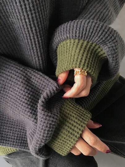 FRIFUL Women's Contrast Color Round Neck Drop Shoulder Long Sleeve Contrast Cuff & Hem Loose Casual Pullover Sweatshirt, Autumn/Winter