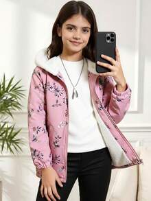 青少年女孩花卉印花蓬松领连帽棉服夹克，适合冬季、假日、夏季、旅行 - 粉色 - 查看 10