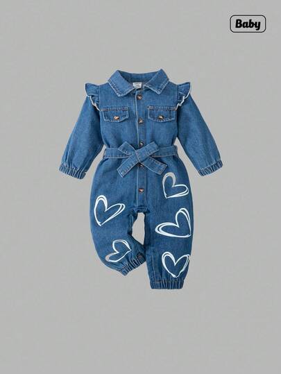 Sweetra 女婴休闲蓝色盖袖心形装饰水洗牛仔连体裤，新品，秋冬、假日、夏季、旅行