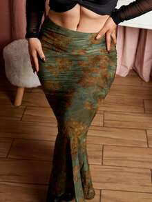 Lupita Cardoza Women's Vintage Flocked Print Fish Tail Skirt For Autumn/Winter Maxi Fall Cloth For Women - Army Green - View 4