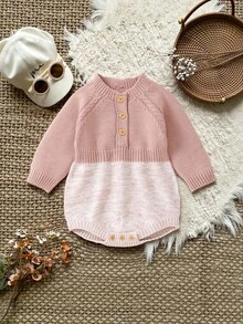 1pc Pink Infant Knit Bodysuit, Casual Minimalist Baby Bodysuit, Fashion Round Neck Long Sleeve
