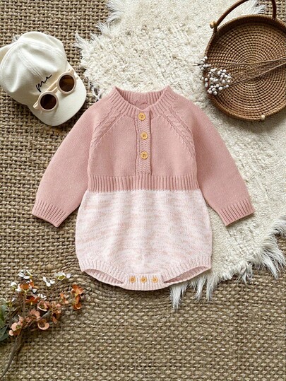 1pc Pink Infant Knit Bodysuit, Casual Minimalist Baby Bodysuit, Fashion Round Neck Long Sleeve