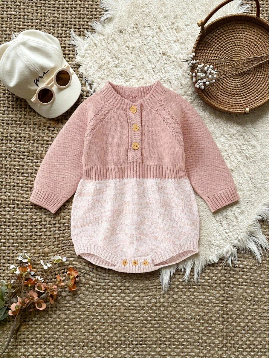 1pc Pink Infant Knit Bodysuit, Casual Minimalist Baby Bodysuit, Fashion Round Neck Long Sleeve