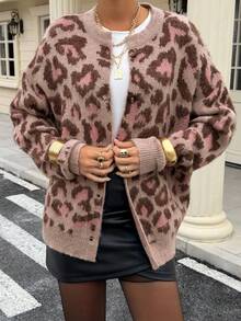DAZY Áo len cardigan dệt kim họa tiết da báo cổ điển một hàng khuy cho nữ, hàng mới về mùa đông - Màu Khaki - Xem 3