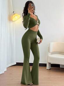 Islaluna European & American Style Casual Metal Decor Waist Cinched Long Sleeve Sexy Black High Stretch Jumpsuit For Women