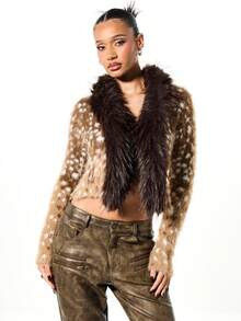 SUMWON WOMEN 动物纹短款针织开衫，配人造毛领，冬季外套 - 棕色 - 查看 5