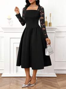 SHEIN Lady 女士纯色方领插肩袖褶皱腰身优雅中长连衣裙 - 黑色 - 查看 5