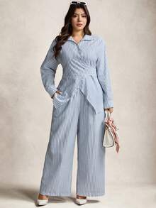 Zelara Conjunto de 2 piezas de top de manga larga y pantalones a rayas de estilo minimalista y talla grande, para uso casual diario - Azul y blanco - Ver 4