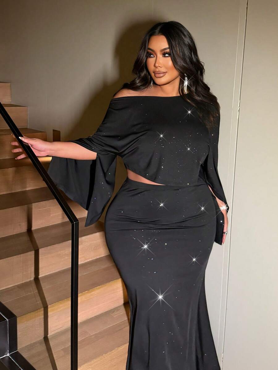 NU&NOW Plus Size Sexy Off-The-Shoulder 2 Pieces Set - Black - View 1