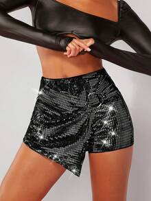 Hauture Metallic O-Ring Wrap Hem Mini Skort - Black - View 6
