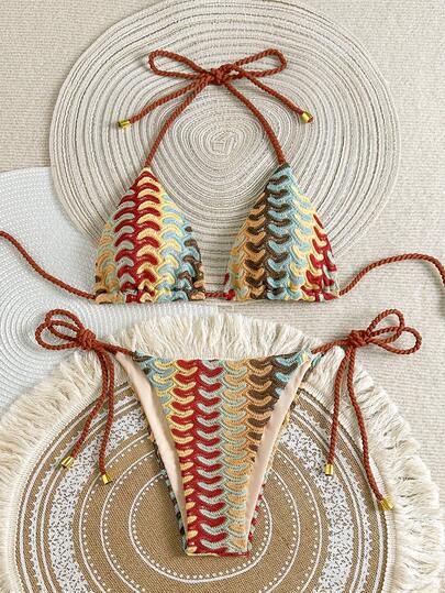 Swim Mod Conjunto de traje de baño de mujer con estampado colorido y atar al cuello