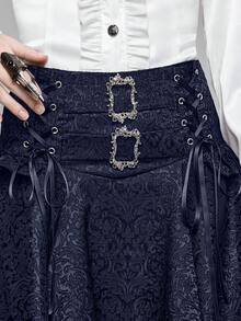 ROMWE Goth Women's Vintage Palace Dark High Waist A-Line Jacquard Patterned Front Short Back Long Skirt - Navy Blue - View 3