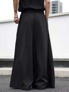 Claim Dot Men's Solid Color Pleated Pocket Wide Leg Loose Casual Pants, Fall - Black - View 2