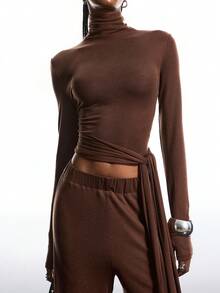 LYSMO 2025 New Arrive Minimalism Winter  2pcs Women Autumn Solid Color Turtleneck Slim Fit Long Sleeve Top And Pants Set - Grey - View 6